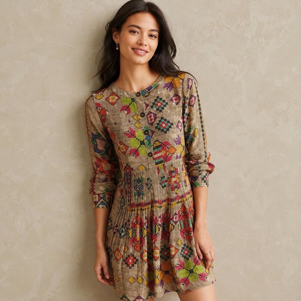 Hemant & Nandita Anthro Pintucked Prima Dress Sz 8 100% Silk Flowy Embellished